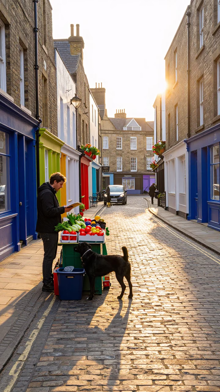 Colorful Morning Street Scene in Bristol UK with German Shorthaired Pointer and Clipboard in in Bristol, United Kingdom