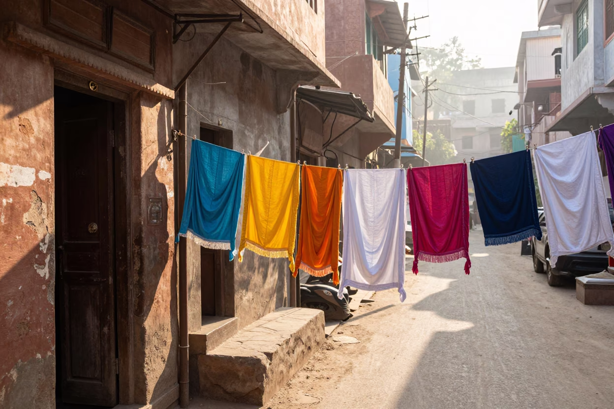 Colorful Morning Street Scene in Delhi India with Laundry and Architectural Details in in Delhi, India