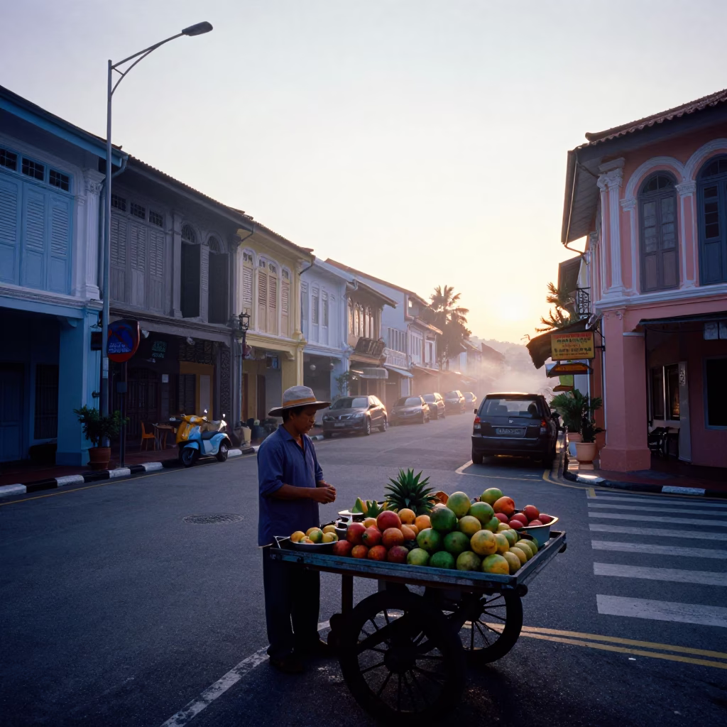 Colorful Morning Street Scene in George Town Malaysia Before Sunrise in in George Town, Malaysia