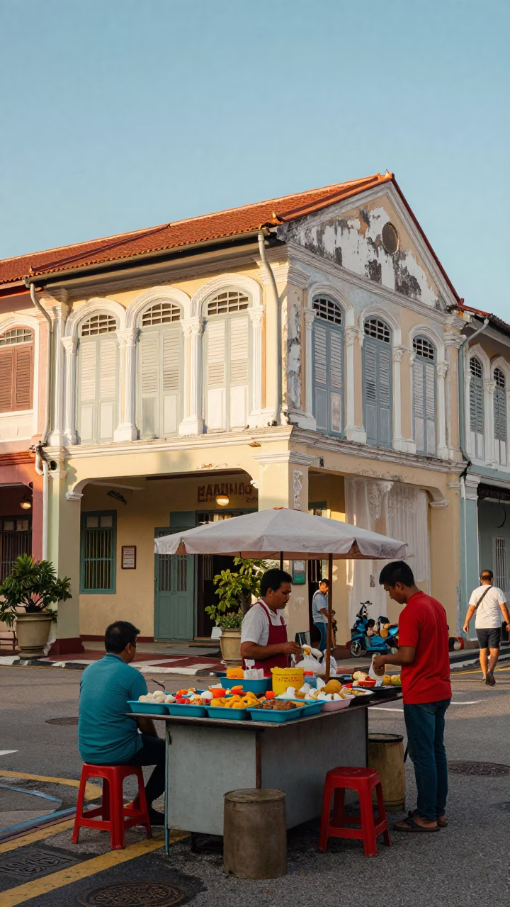 Colorful Morning Street Scene in George Town Malaysia with Vintage 1990s Aesthetic in in George Town, Malaysia