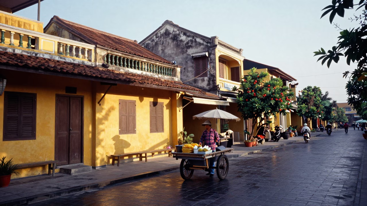 Colorful Morning Street Scene in Hoi An Vietnam with Local Vendor and Traditional Architecture in in Hoi An, Vietnam