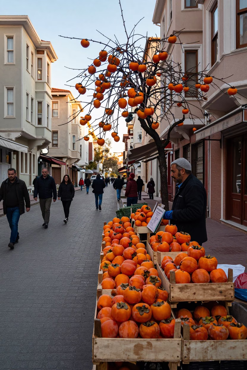 Colorful Morning Street Scene in Istanbul Turkey with Persimmons and Clear Glass at Dawn in in Istanbul, Turkey