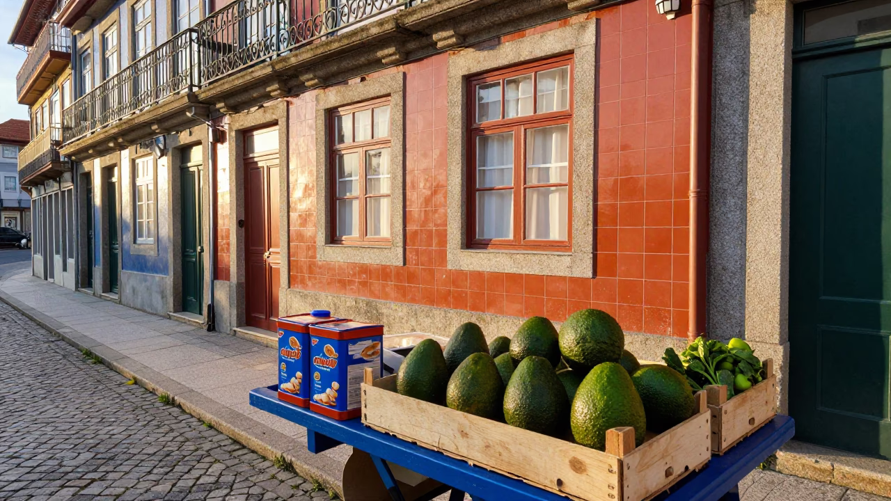 Colorful Morning Street Scene in Porto Portugal with Biscuit Tin and Avocados in in Porto, Portugal