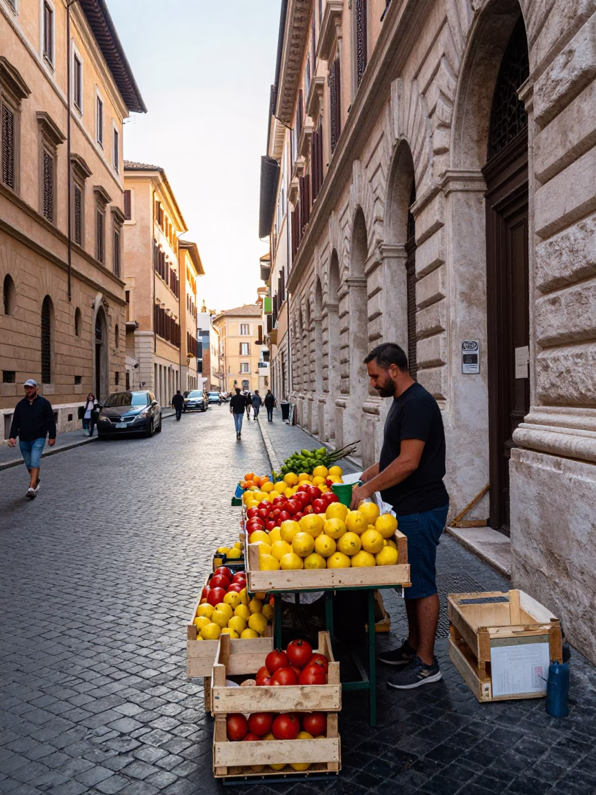 Colorful Morning Street Scene in Rome Italy with Local Vendor in in Rome, Italy