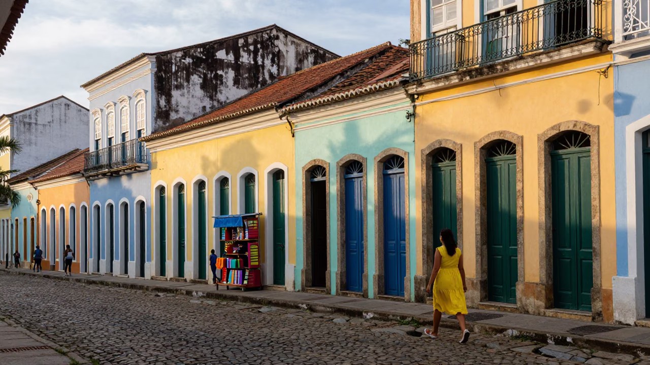 Colorful Morning Street Scene in Salvador Brazil with Traditional Architecture and Daily Life in in Salvador, Brazil