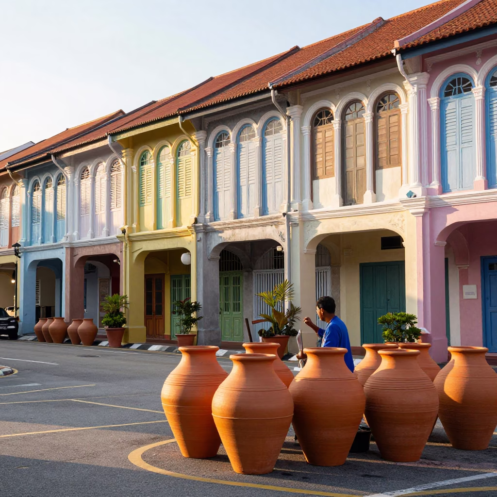 Colorful Morning Street Scene with Clay Pots in George Town Malaysia After Sunrise in in George Town, Malaysia