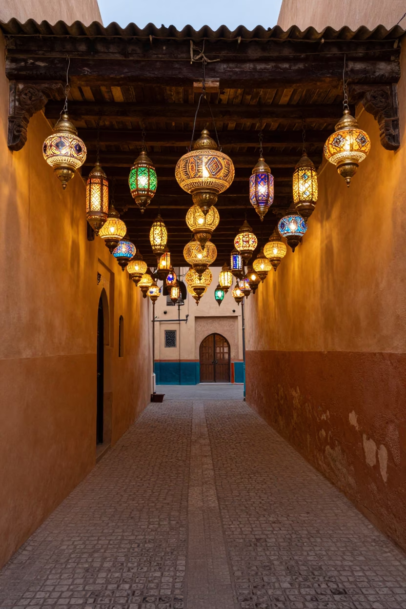 Colorful Moroccan Lanterns Hanging in Narrow Fez Alleyway During Early Evening Twilight in in Fez, Morocco