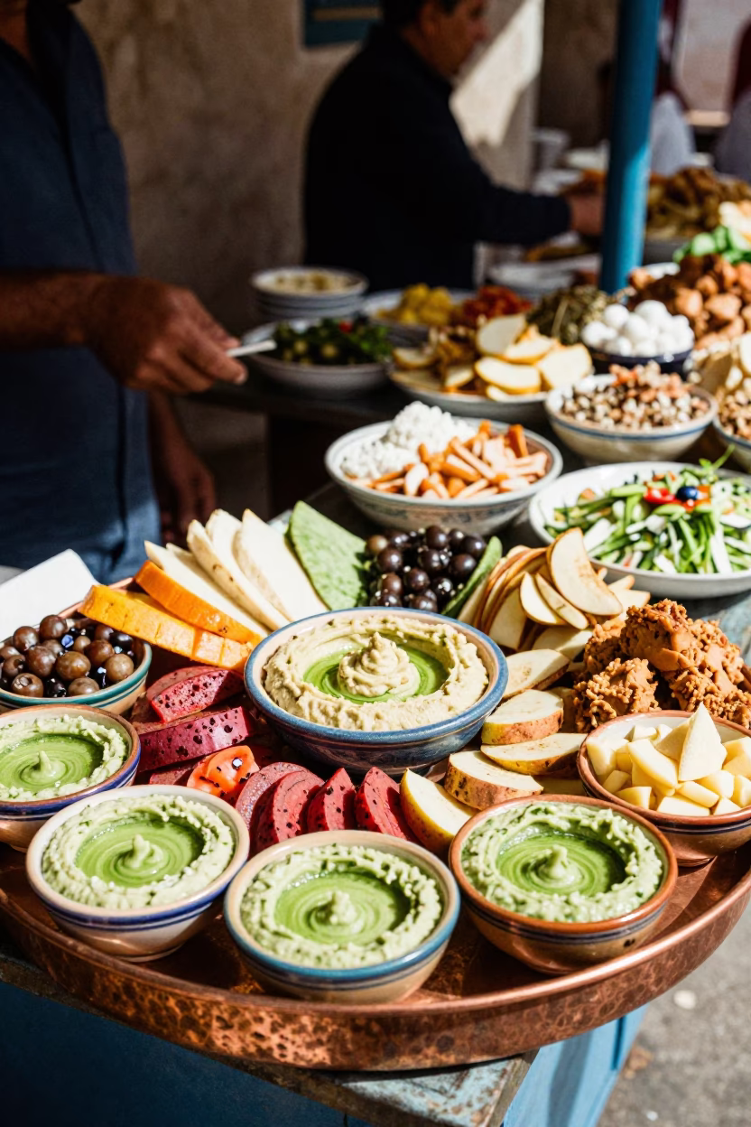 Colorful Moroccan Mezze Spread on Copper Tray in Essaouira Market at Noon in in Essaouira, Morocco