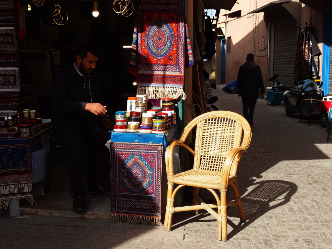 Colorful Moroccan Souk Stall with Rattan Chair and Painted Crate in Marrakech in in Marrakech, Morocco