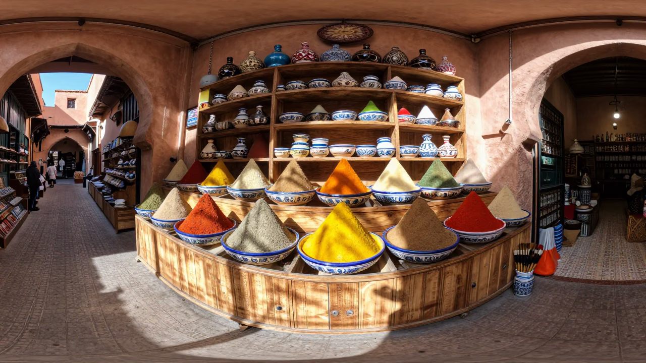 Colorful Moroccan Spice Stall with Writing Brushes and Sunlight in Marrakech Medina in in Marrakech, Morocco