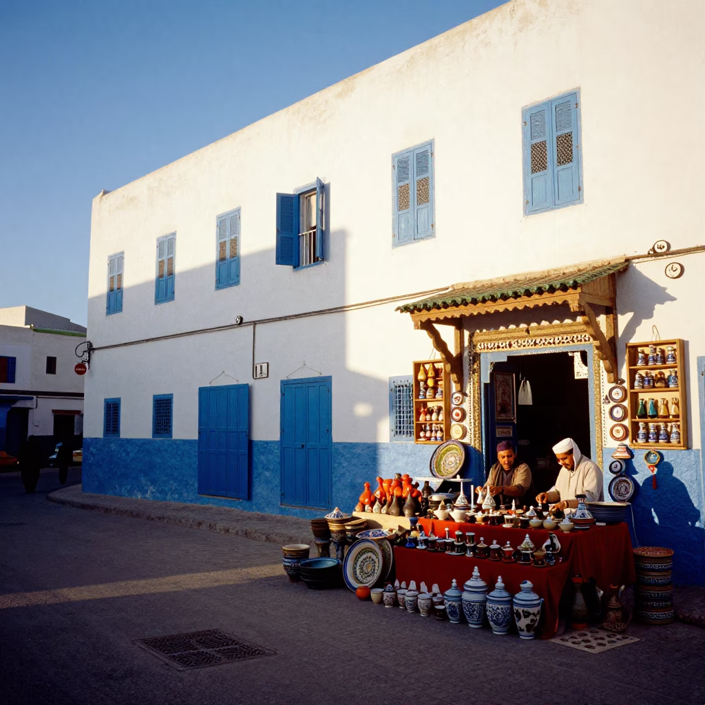 Colorful Moroccan Street Scene in Essaouira Late Afternoon with Tea Canister in in Essaouira, Morocco