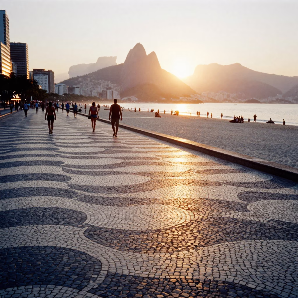 Colorful Mosaic Sidewalk and Beach Scene in Rio de Janeiro at Sunset in in Rio de Janeiro, Brazil