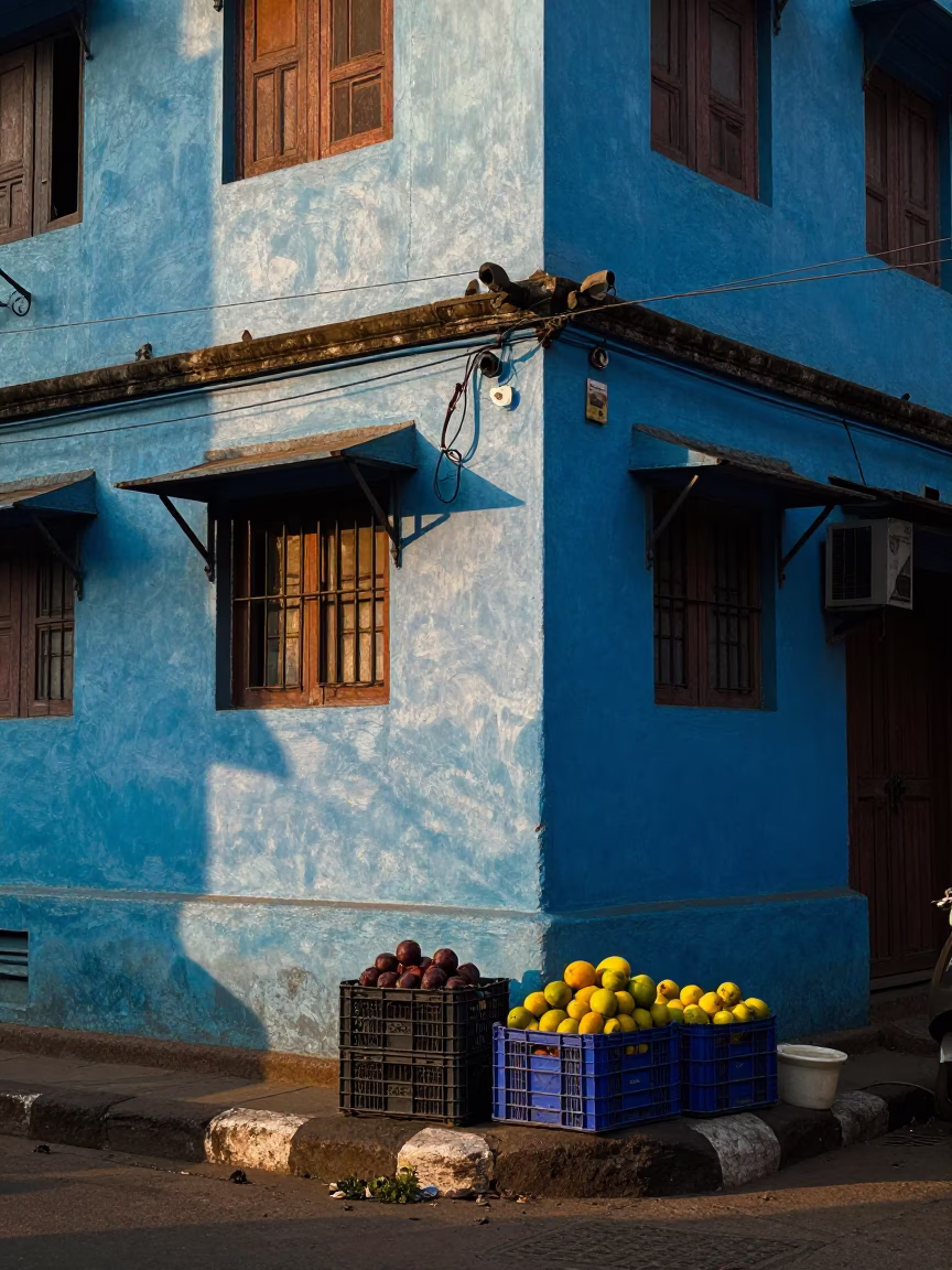Colorful Mumbai Street Corner Early Evening Fruit Crate and White Dog in in Mumbai, India