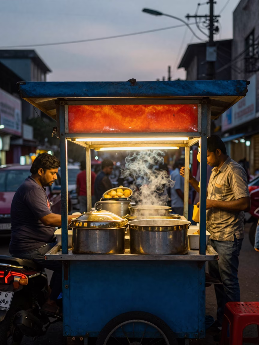 Colorful Mumbai Street Food Stall in Early Evening Light with Brass Edges and Lantern in in Mumbai, India