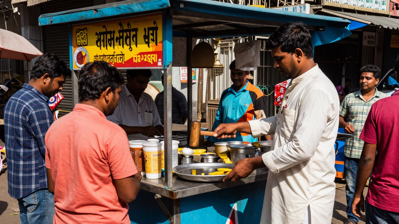 Colorful Mumbai Street Food Stall Under Flat Noon Glare with Vendors and Customers in in Mumbai, India