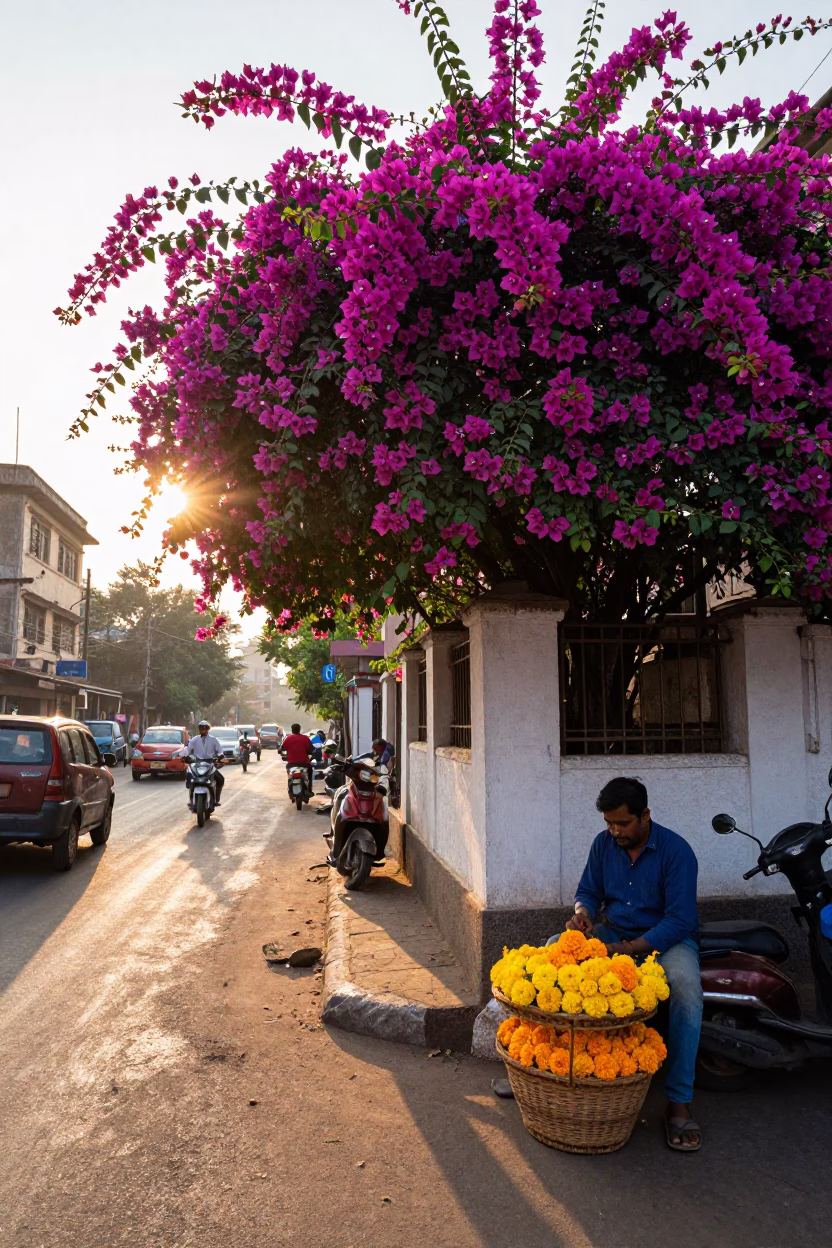Colorful Mumbai Street Scene After Sunrise with Bougainvillea and Local Life in in Mumbai, India