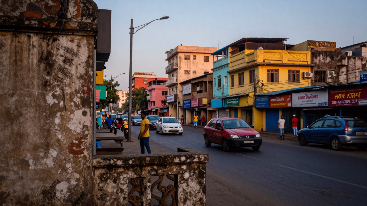 Colorful Mumbai Street Scene at Nautical Dawn with Crumbling Stone Aqueduct and Scratched Wall in in Mumbai, India