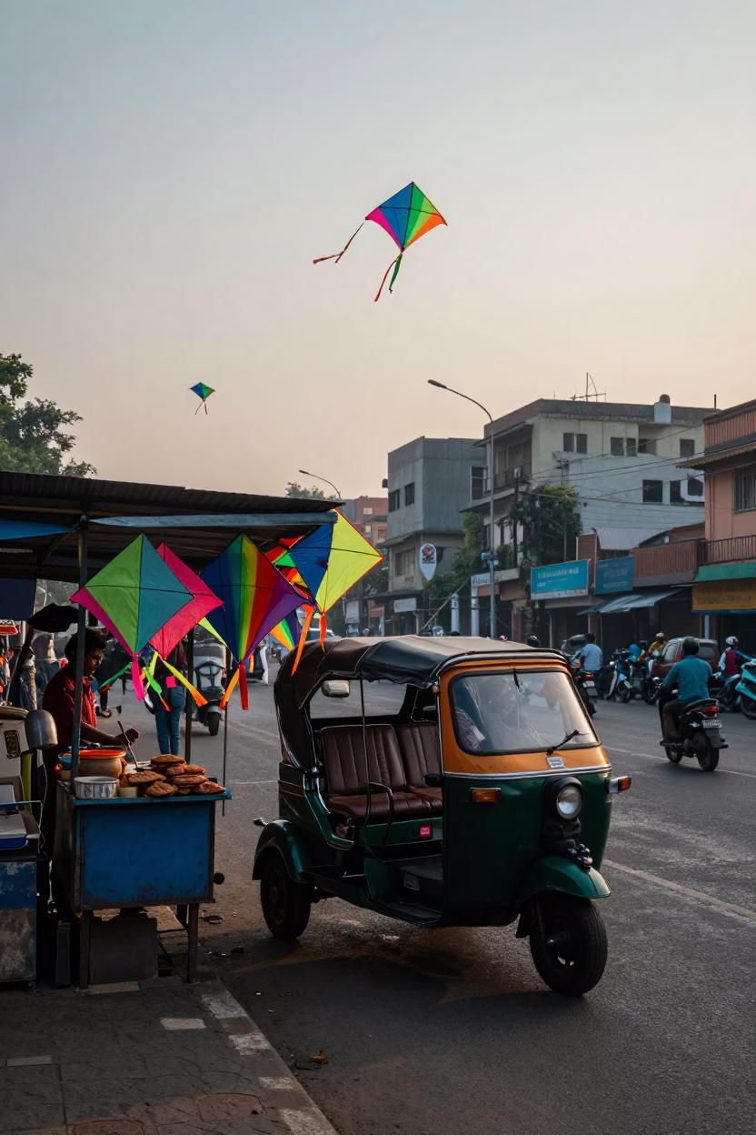 Colorful Mumbai Street Scene Before Sunrise with Kites and Rickshaws in in Mumbai, India