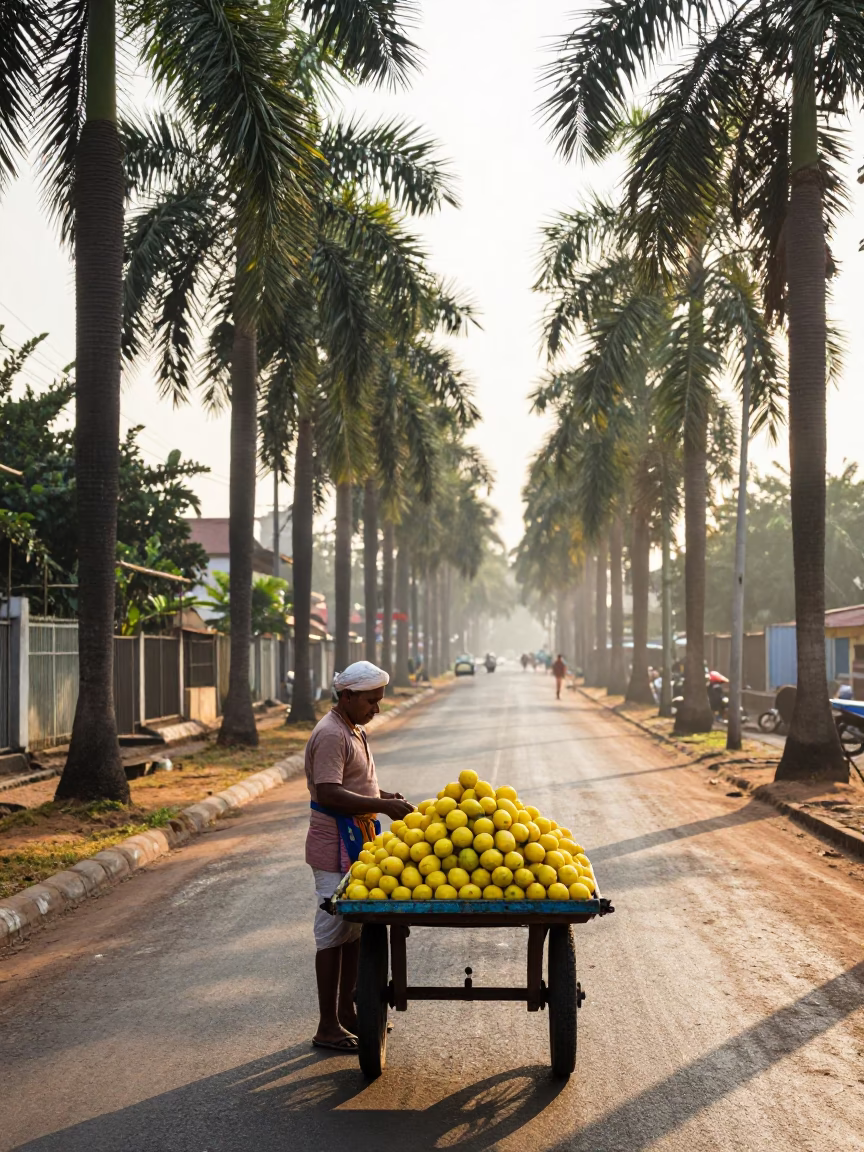 Colorful Mumbai Street Scene with Lemon Vendor and Palm Trees Just After Sunrise in in Mumbai, India