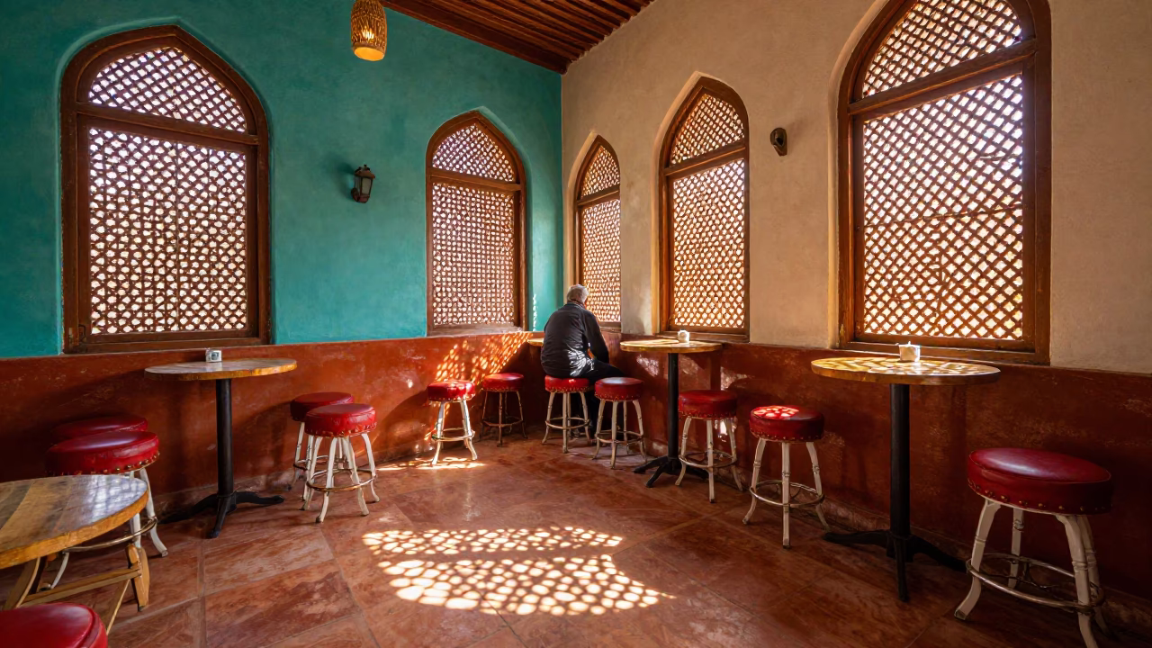 Colorful Muscat Cafe Interior with Bar Stools and Local Decor in in Muscat, Oman