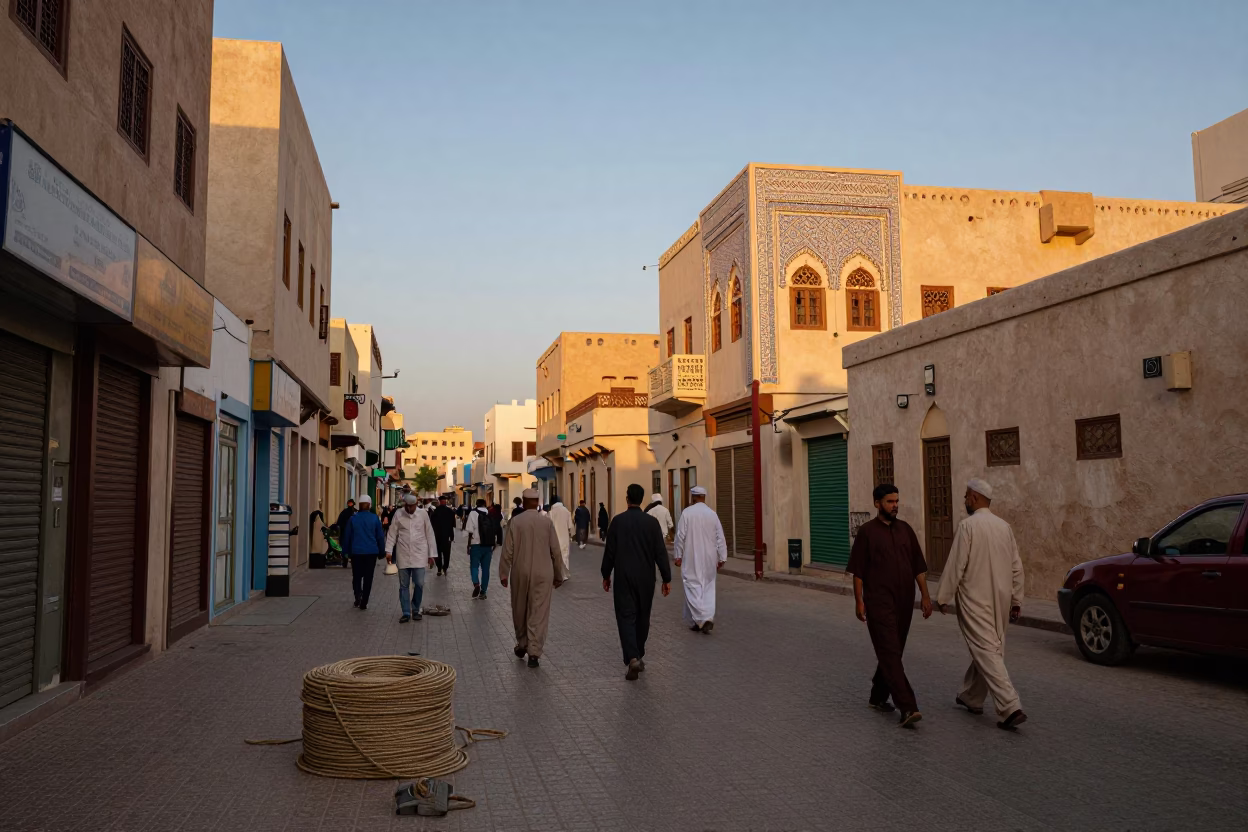 Colorful Muscat Oman Early Evening Street Scene with Coiled Rope and Traditional Architecture in in Muscat, Oman