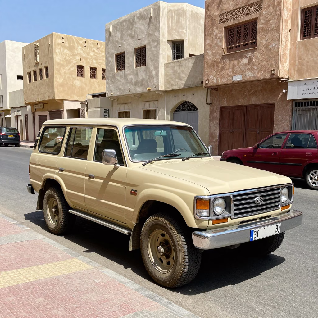 Colorful Muscat Oman Midday Street Scene with Vintage SUV and Local Life in in Muscat, Oman