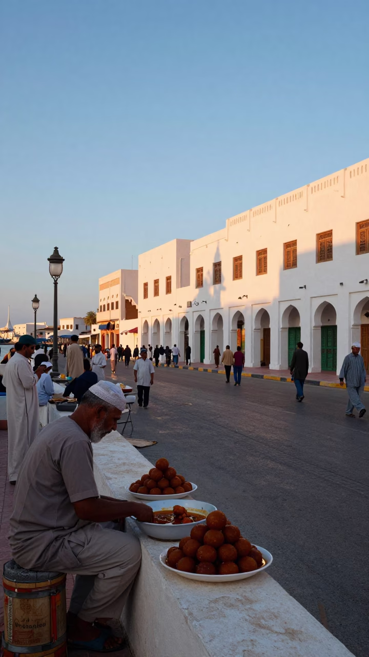 Colorful Muscat Oman Street Scene at Nautical Dawn with Local Market Activity in in Muscat, Oman