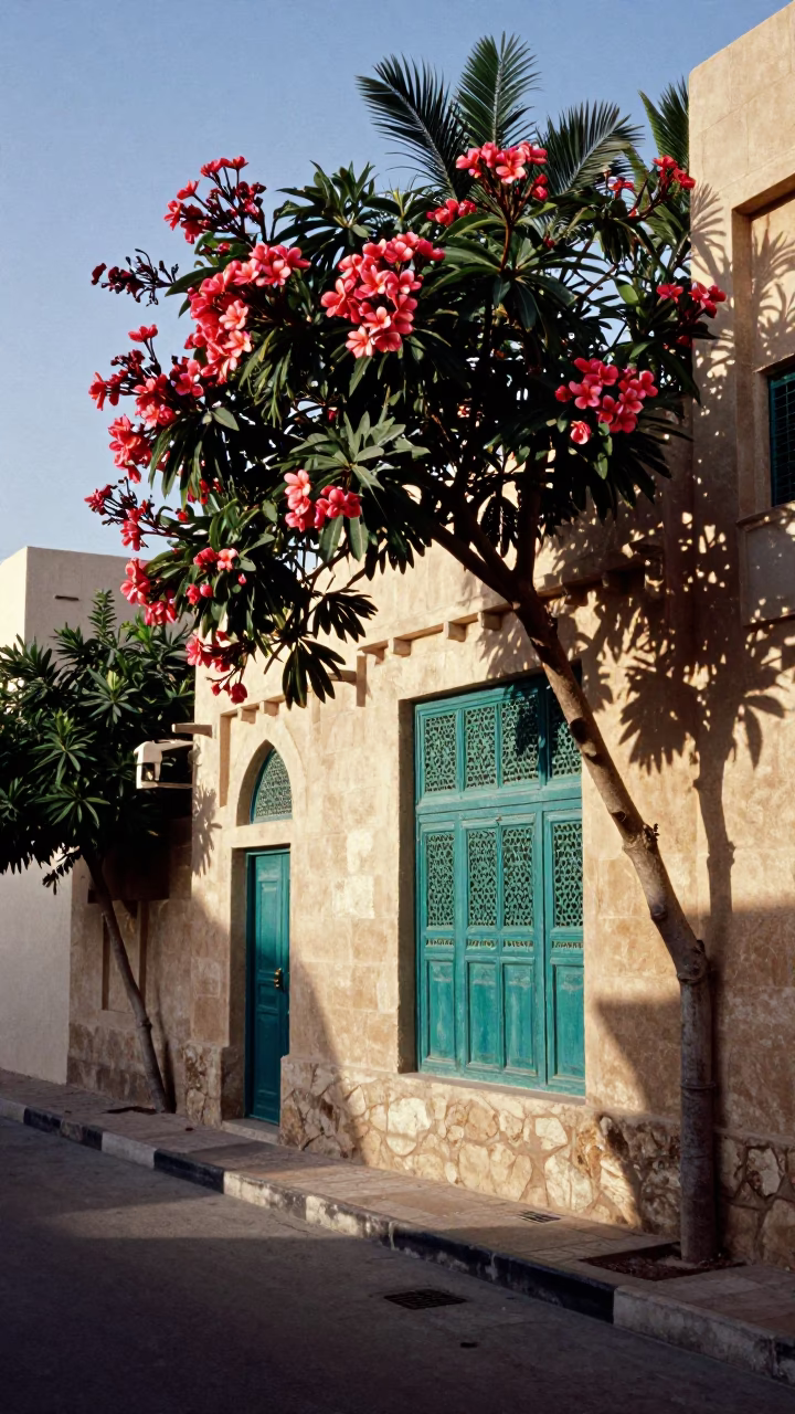 Colorful Muscat Street Scene Early Afternoon with Frangipani Tree Bloom in in Muscat, Oman