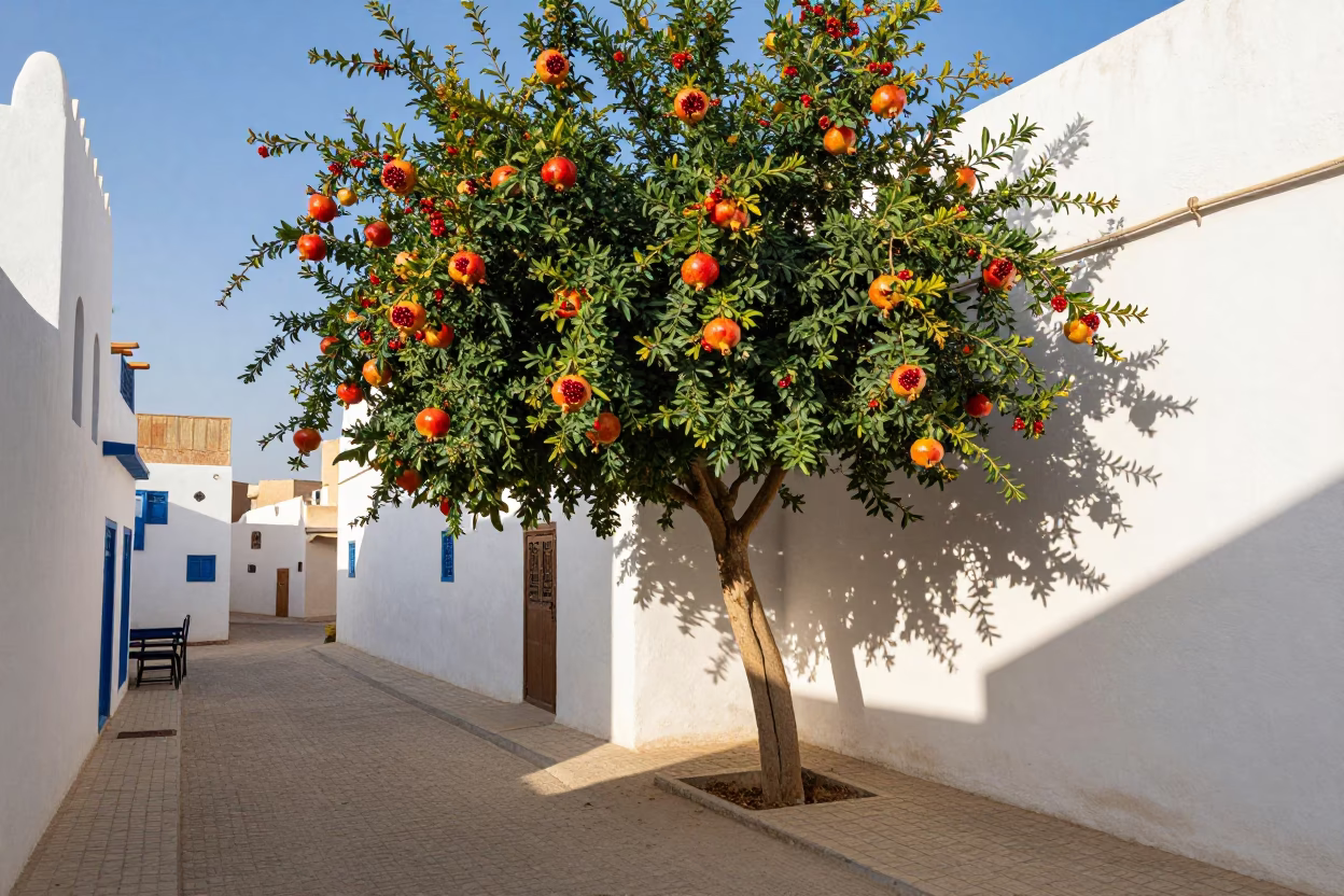 Colorful Muscat Street Scene Early Afternoon with Pomegranate Tree and Terracotta Pots in in Muscat, Oman