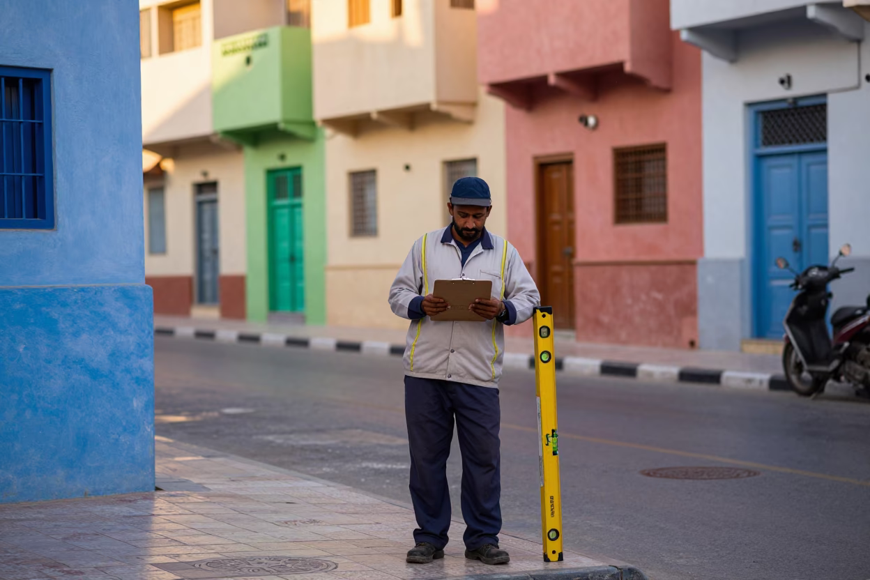 Colorful Muscat Street Scene with Clipboard and Spirit Level in Early Afternoon Light in in Muscat, Oman