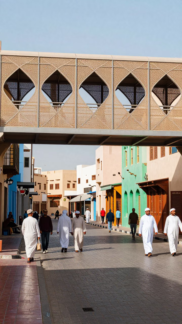 Colorful Muscat Street Scene with Pedestrian Overpass and Local Life in Bright Midmorning Light in in Muscat, Oman