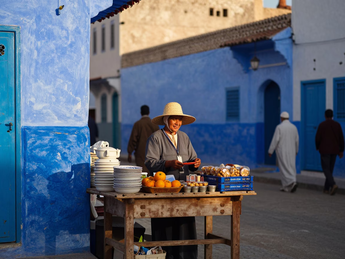 Colorful Muscat Street Scene with Straw Hat and Blue Porcelain Bowl in in Muscat, Oman