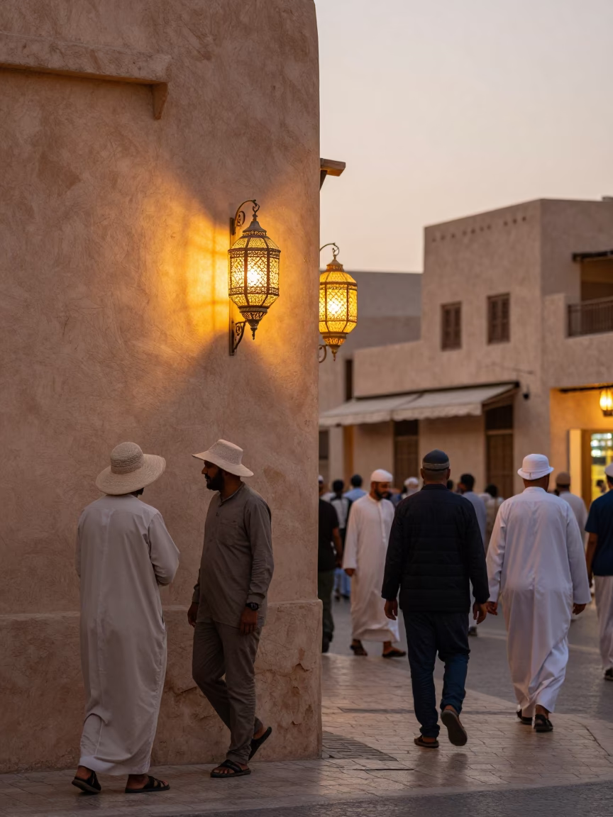 Colorful Muscat Street Scene with Sun Hats and Traditional Decor in Early Evening Light in in Muscat, Oman