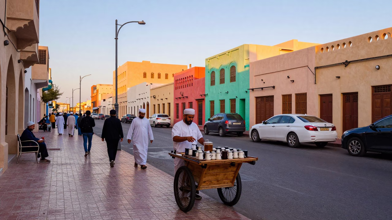 Colorful Muscat Street Scene with Traditional Tea and Modern Life in Early Evening in in Muscat, Oman