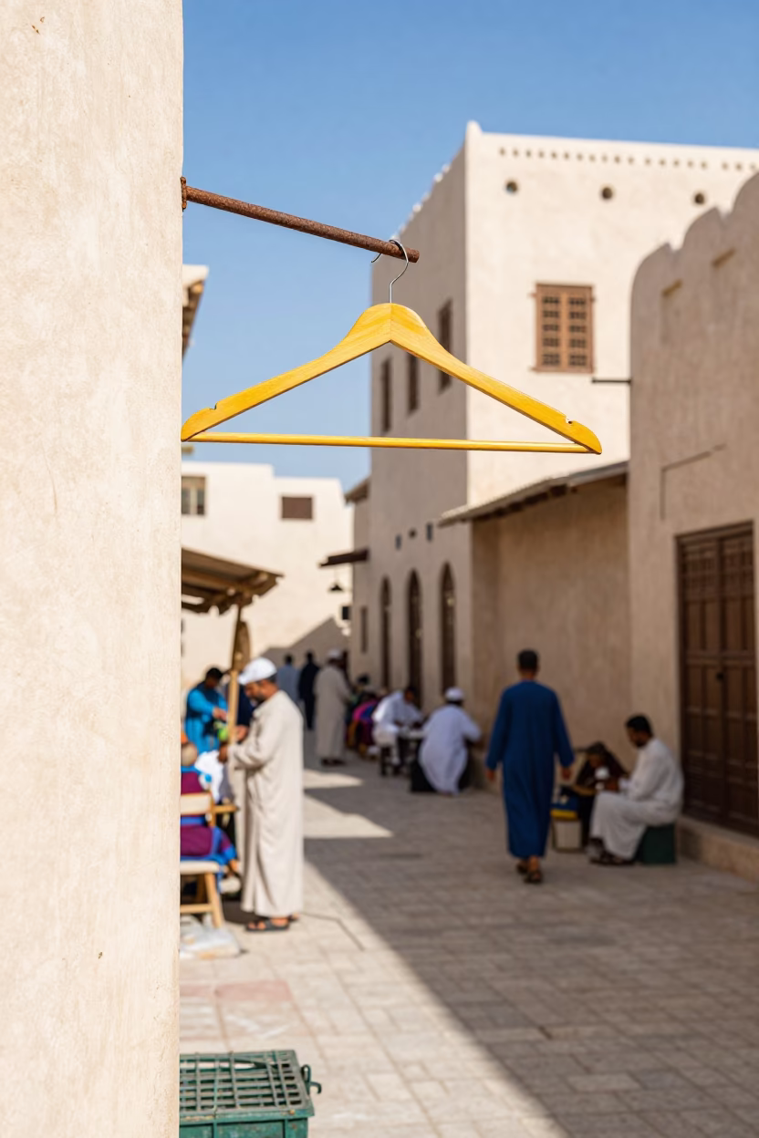 Colorful Muscat Street Scene with Wooden Hanger and Local Life at Noon in in Muscat, Oman