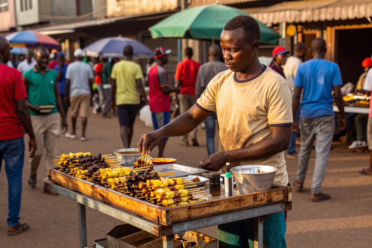 Colorful Nairobi Street Food Vendor Serving Satay Skewers in Honeyed Evening Light in in Nairobi, Kenya