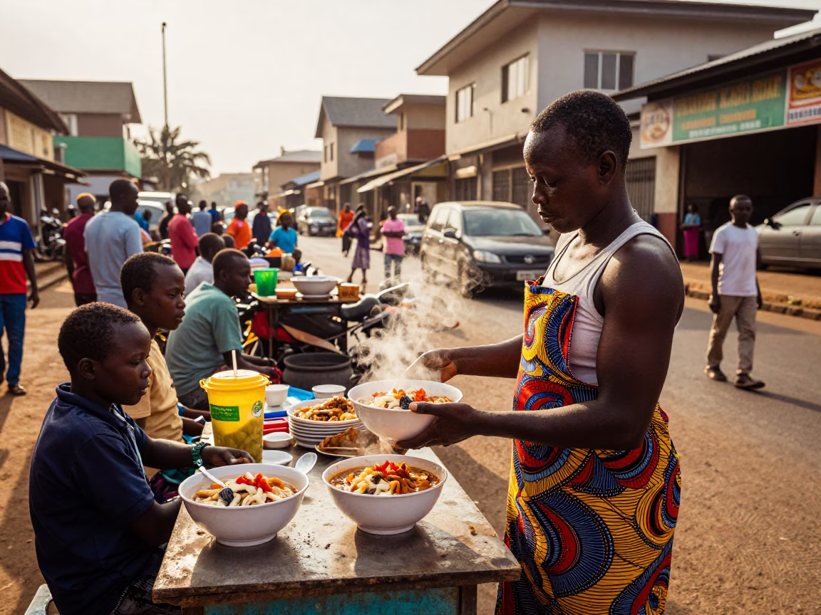 Colorful Nairobi Street Scene Late Morning with Khao Soi Bowl and Local Market Activity in in Nairobi, Kenya