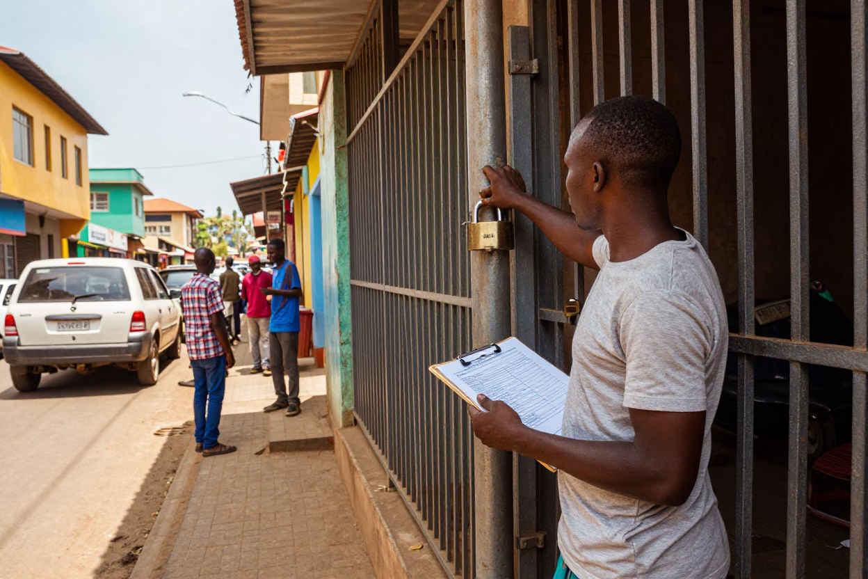 Colorful Nairobi Street Scene with Padlock and Clipboard in Late Morning Light in in Nairobi, Kenya