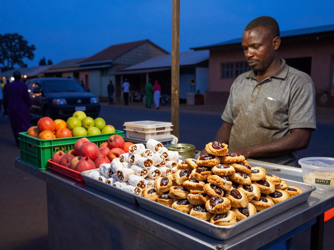 Colorful Nairobi Street Stall Blue Hour Maamoul Cookies and Fruit Crates in in Nairobi, Kenya