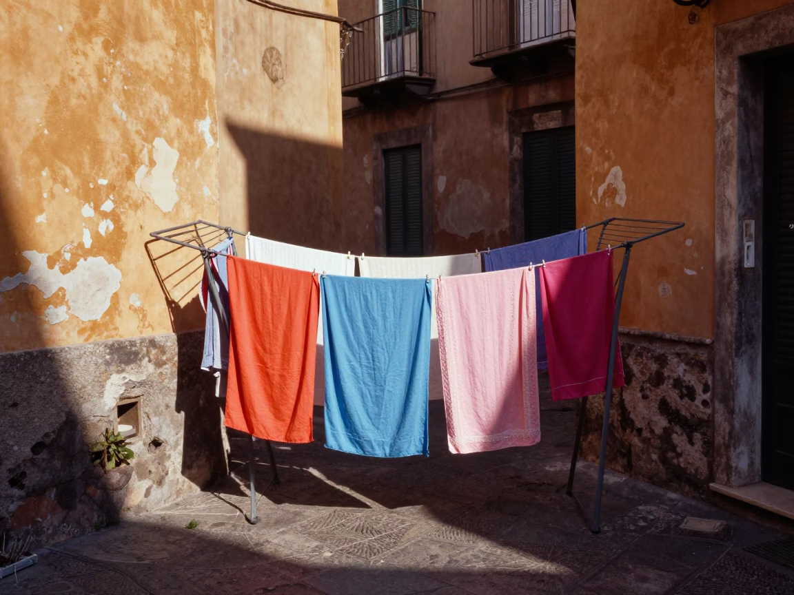 Colorful Naples Alleyway Scene with Drying Rack and Local Daily Life in Early Afternoon in in Naples, Italy