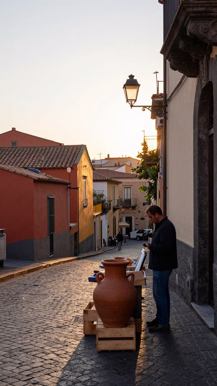 Colorful Naples Italy Street Scene After Sunrise with Clay Pot and Artichokes in in Naples, Italy