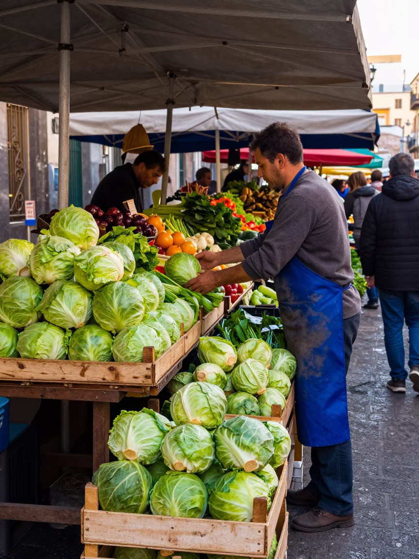 Colorful Naples Street Market Morning with Fresh Cabbages and Local Commerce in in Naples, Italy