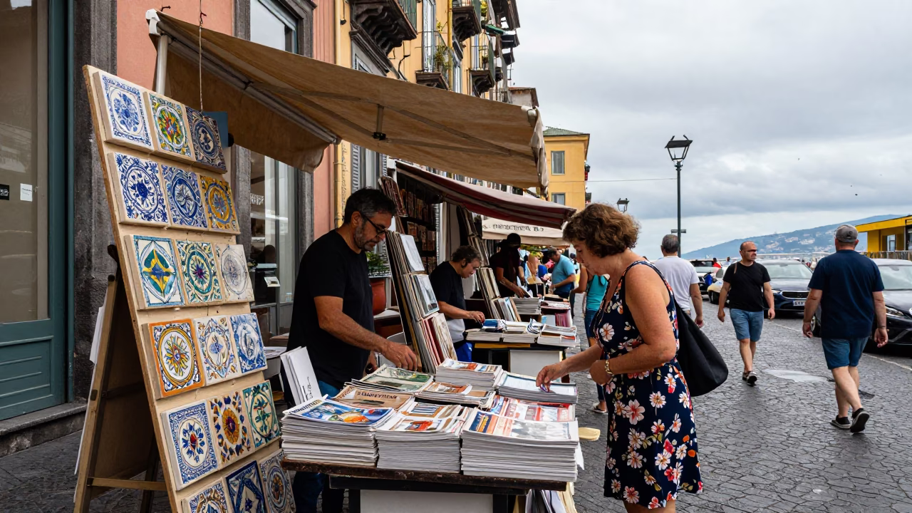 Colorful Naples Street Scene Overcast Midday with Local Life Details in in Naples, Italy