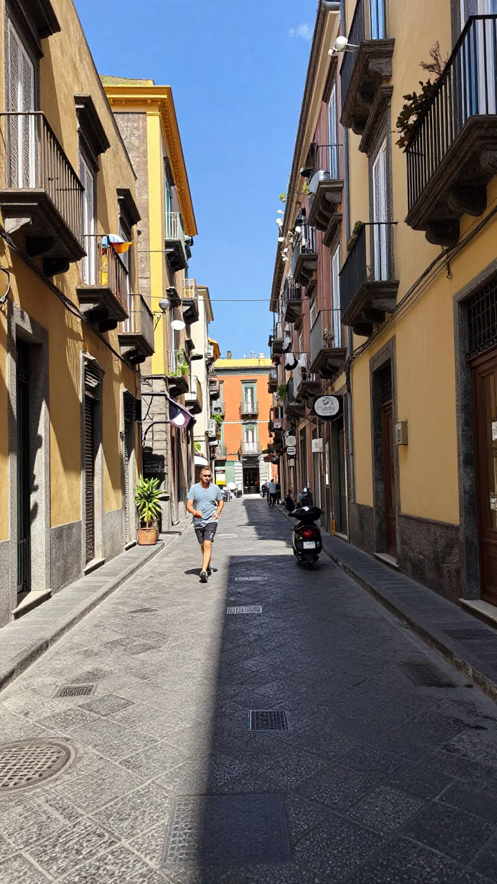 Colorful Naples Street Scene Under Flat Noon Glare with Vintage Bicycle and Local Shopfront in in Naples, Italy