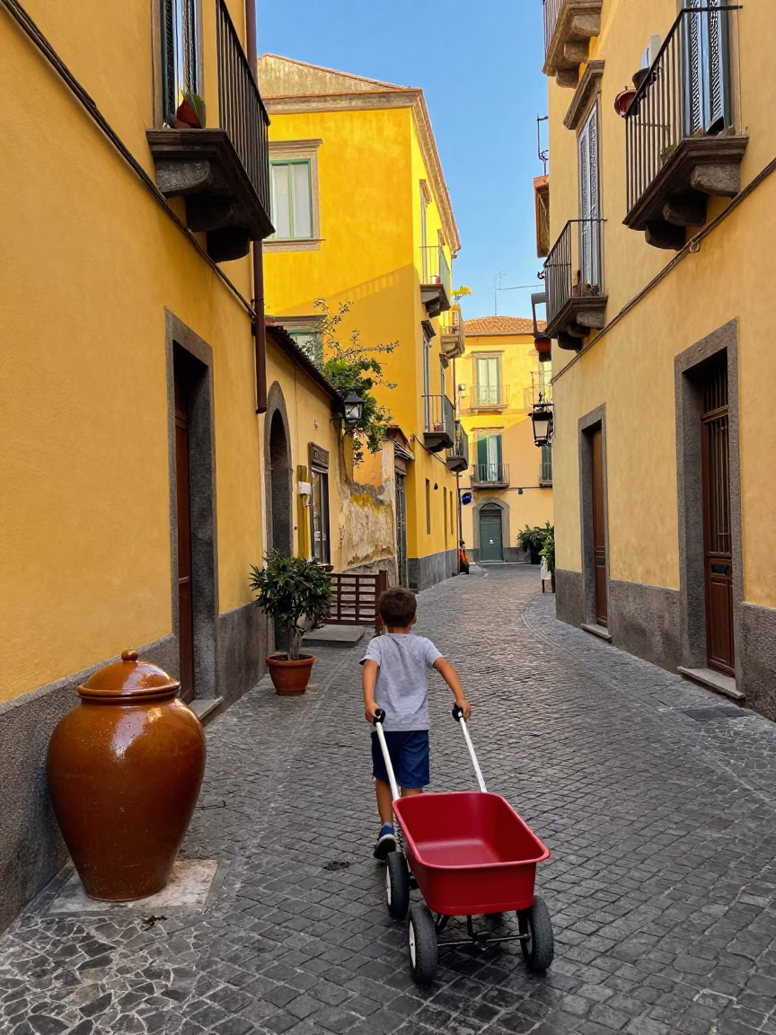 Colorful Naples Street Scene with Jam Jar and Caster Wheel in Late Afternoon Light in in Naples, Italy