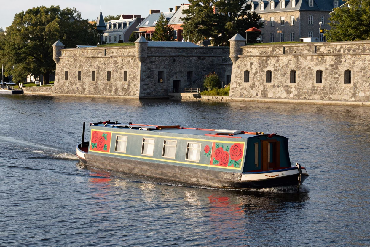 Colorful Narrowboat with Painted Roses Navigating the St Lawrence River in Quebec City Afternoon in in Quebec City, Quebec, Canada