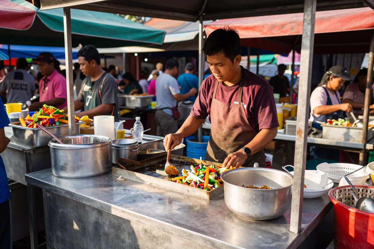 Colorful Nasi Goreng Street Stall in Denpasar Indonesia Late Morning Market Scene in in Denpasar, Indonesia
