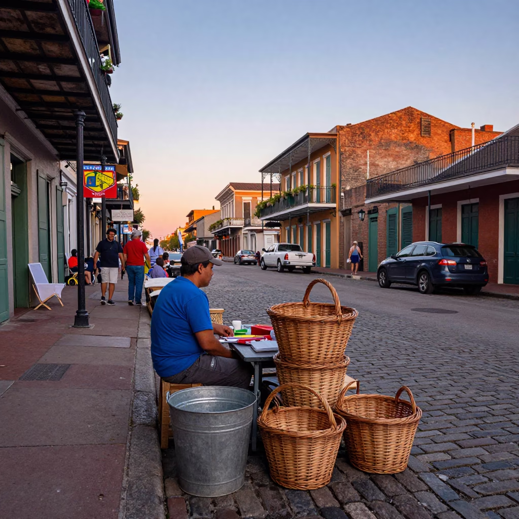 Colorful Nautical Dawn Street Scene in New Orleans Louisiana with Local Artisans in in New Orleans, Louisiana, United States
