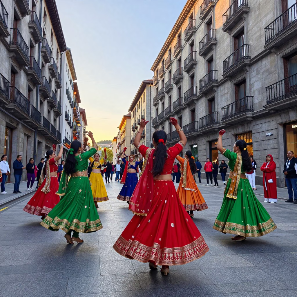 Colorful Navratri Garba Dance Celebration in Early Morning Bilbao Spain Street in in Bilbao, Spain