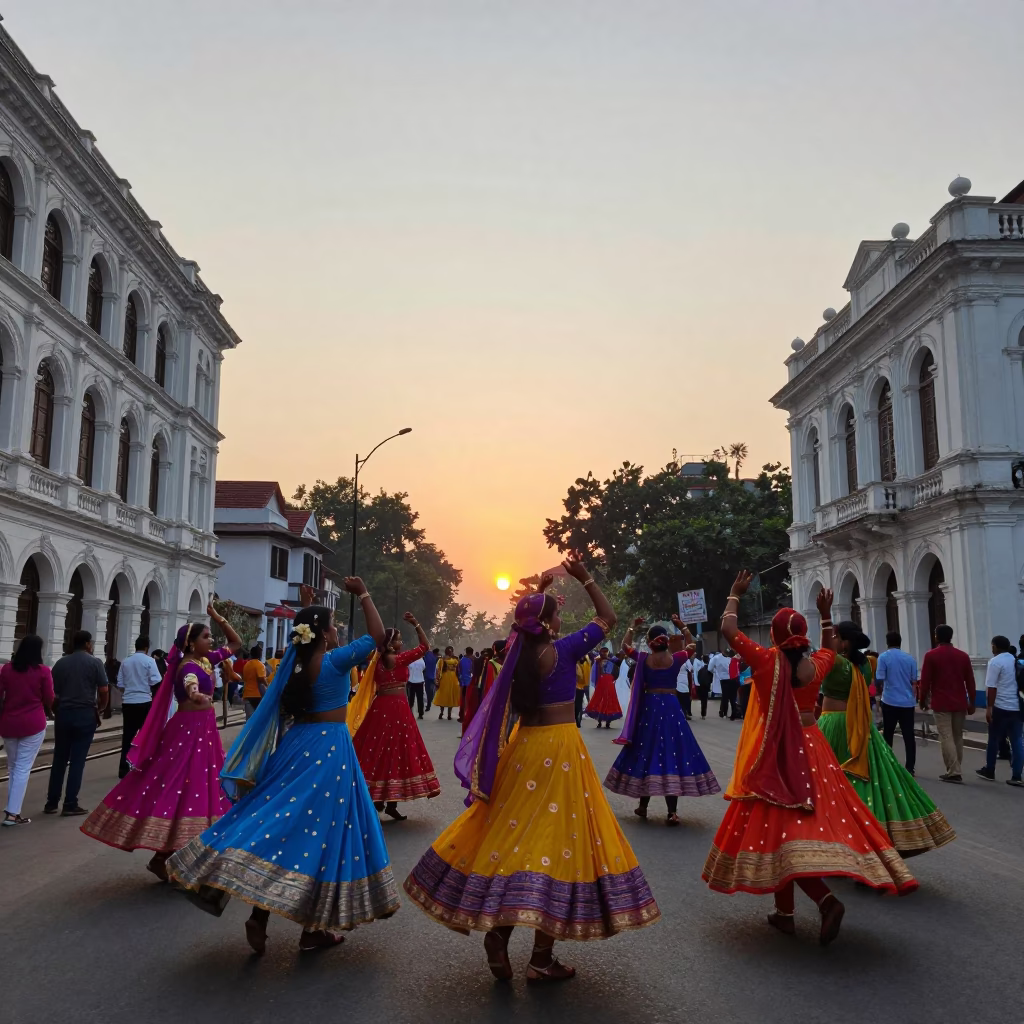 Colorful Navratri Garba Dance in Colorful Dress in Kolkata India Sunset Street Scene in in Kolkata, India